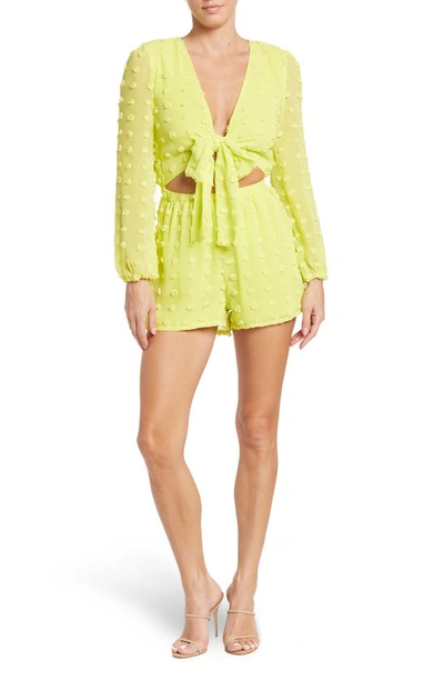 Love By Design Priyanka Swiss Dot Chiffon Front Tie Romper In Yellow Plum