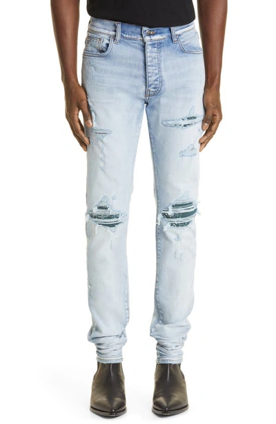 Amiri Men's Mx1 Bandana Rip/repair Skinny Jeans In Perfect Indigo