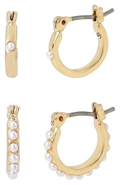 Allsaints Set Of 2 Imitation Pearl Huggie Hoop Earring Pairs In Pearl/ Gold