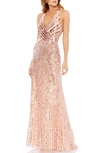 Mac Duggal Sequin Crossed Trumpet Gown In Rose Gold