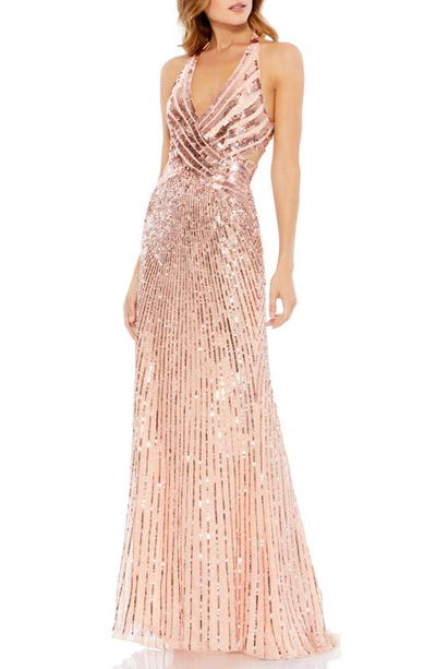 Mac Duggal Sequin Crossed Trumpet Gown In Rose Gold