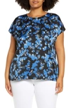 Halogen Cap Sleeve Satin Top In Black- Blue Fan Floral