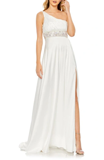 Mac Duggal Pleated One-shoulder A-line Gown In White