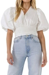 Endless Rose Smocked Waist Cotton Blouse In White