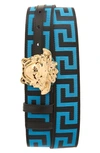 Versace First Line First Line La Medusa La Greca Web Belt In Black Turquoise-versace Gold