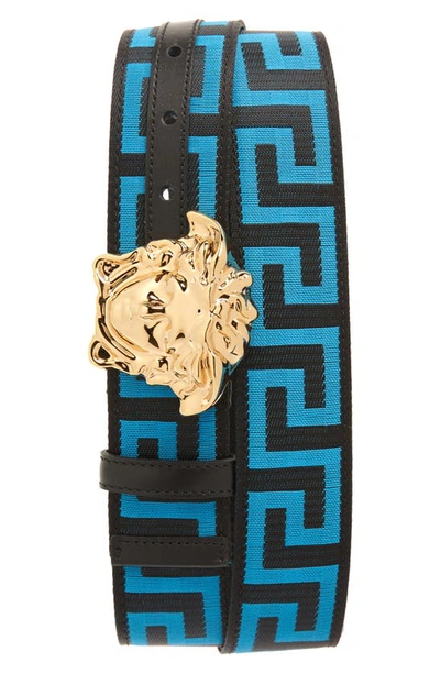 Versace First Line First Line La Medusa La Greca Web Belt In Black Turquoise-versace Gold