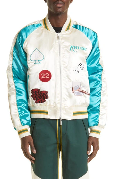Rhude Cropped Colour-block Logo-embroidered Satin Bomber Jacket In White