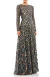 Mac Duggal Embellished Illusion High Neck Long Sleeve A Line Dress In Charcoal