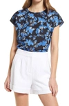 Halogen Cap Sleeve Satin Blouse In Black- Blue Fan Floral