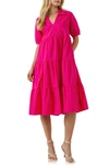 English Factory Tiered Puff Sleeve Dress In Fuchsia