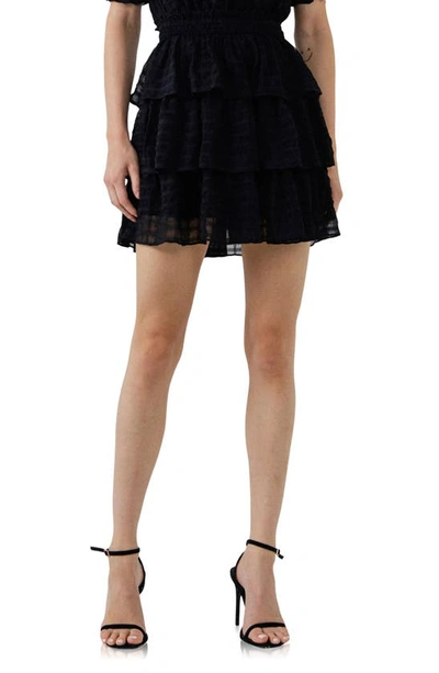 English Factory Gingham Tiered Chiffon Miniskirt In Black
