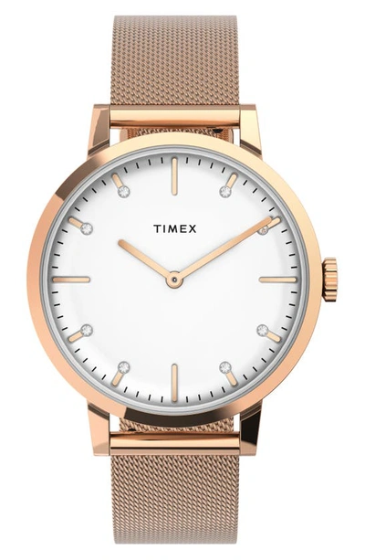 Timex Midtown Crystal Embellished Mesh Strap Watch, 36mm In Rose Gold/ White/ Rose Gold
