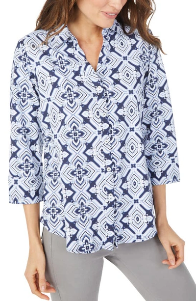 Foxcroft Mary Floral Geometric Print Button-up Top In Soft Indigo