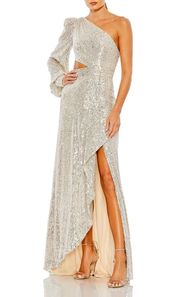 Ieena For Mac Duggal Sequined One Shoulder Cut Out Gown In Silver