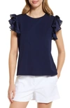 Vince Camuto Tiered Ruffle Sleeve Cotton Blend Top In Classic Navy