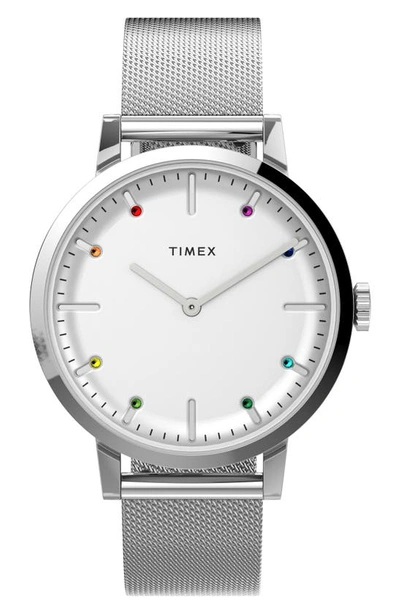 Timex Midtown Crystal Embellished Mesh Strap Watch, 36mm In Silver/ White/ Silver