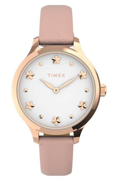 Timex Peyton Leather Strap Watch, 36mm In Rose Gold/ White/ Pink