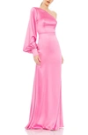 Ieena For Mac Duggal One-shoulder Long Sleeve Column Gown In Candy Pink