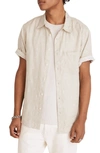 Madewell Perfect Stripe Linen Short Sleeve Button-up Shirt In Sunfaded Sage