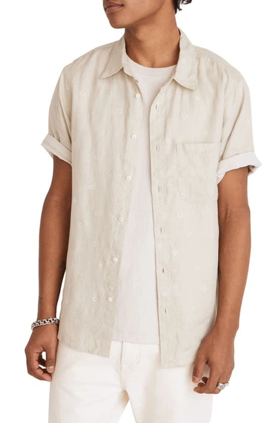 Madewell Perfect Stripe Linen Short Sleeve Button-up Shirt In Sunfaded Sage