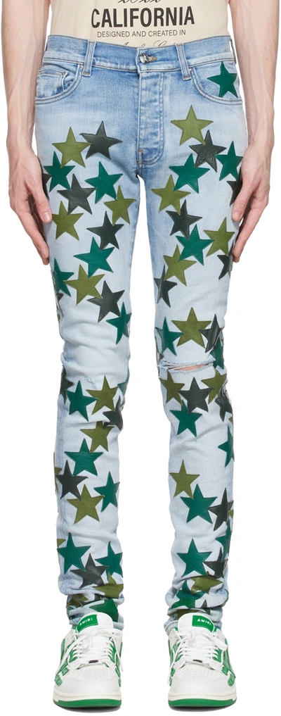 Amiri Leather Star Patch Knee Slit Light Washed Skinny Jeans In Blue