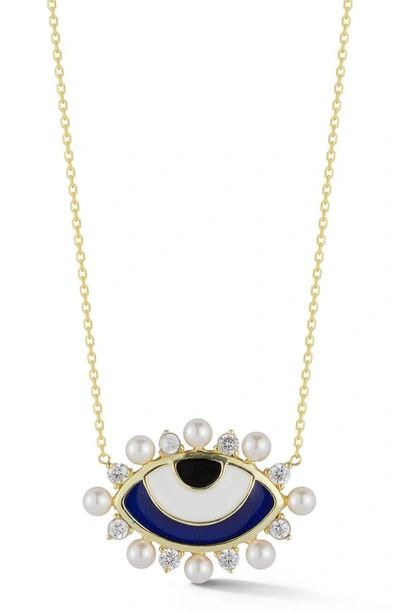 Sphera Milano Cz & Imitation Pearl Evil Eye Pendant Necklace In Yellow Gold