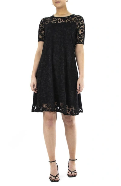 Nina Leonard Burnout Trapeze Dress In Black