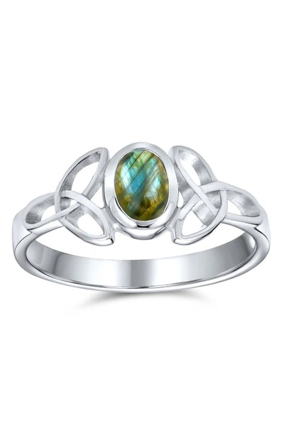 Bling Jewelry Rhodium Plated Sterling Silver Labradorite Celtic Trinity Knot Band Ring In Green