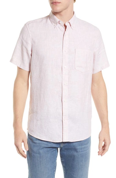 Nordstrom Solid Linen Short Sleeve Button-down Shirt In Pink Glass Eoe