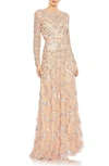 Mac Duggal Embellished Illusion High Neck Long Sleeve A Line Dress In Blush