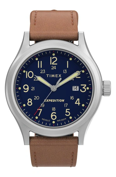 Timex Men's Expedition Sierra Stainless Steel & Leather Strap Watch In Brown Blue