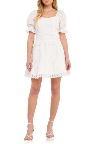 Endless Rose Lace Trim Puff Sleeve Minidress In White