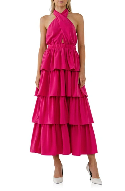Endless Rose Crossover Halter Tiered Open-back Maxi Dress In Pink