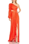 Ieena For Mac Duggal Sequined One Shoulder Cut Out Gown In Tangerine