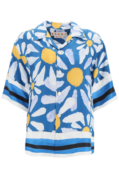 Marni Graphic Floral-print Silk Shirt In Blue,white,yellow