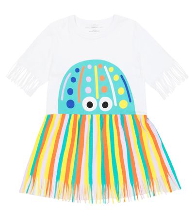 Stella Mccartney Kids' Multicolour Jellyfish Fringed Cotton Dress In White