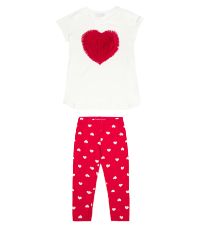 Monnalisa Kids' Cotton-blend T-shirt And Leggings Set In Panna+rosso