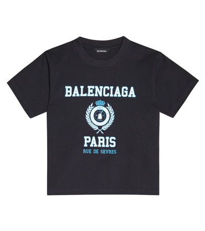 Balenciaga Kids' Navy Blue T-shirt With Logo And Coat Of Arms Print