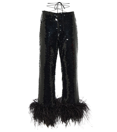 Magda Butrym Feather-trimmed Sequined Chiffon Straight-leg Pants In Schwarz