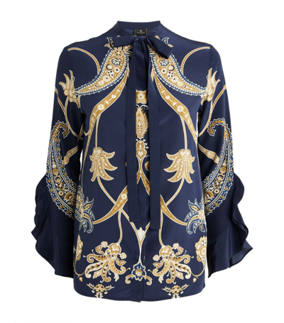 Etro Ornamental Pattern Silk Shirt In Navy Blue