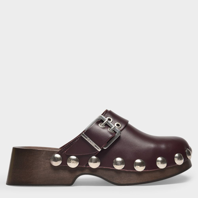 Ganni Retro Black Leather Clogs With Studs Woman In Burgundy