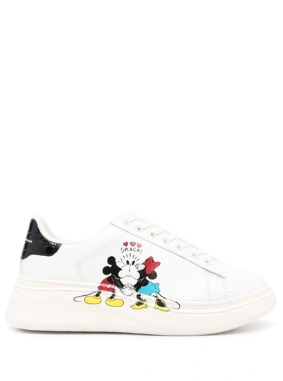 MOA MASTER OF ARTS MOA WOMAN'S WHITE LEATHER SNEAKERS WITH MICKEY MOUSE KISS PRINT