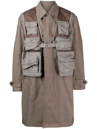 Undercover Check-pattern Patch-pocket Coat In Brown