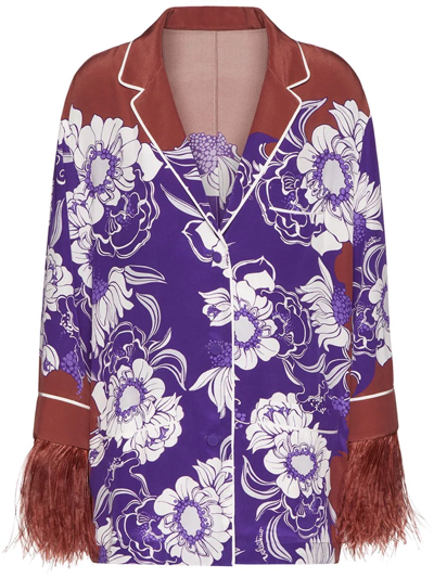 Valentino Feather-trimmed Printed Silk Crepe De Chine Shirt In Pink & Purple