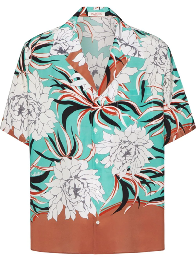 Valentino Si Lk Bowling Shirt, Semiover Fit, Pocket On Chest, Street Flowers Couture Peonies Print All Over In Light Blue