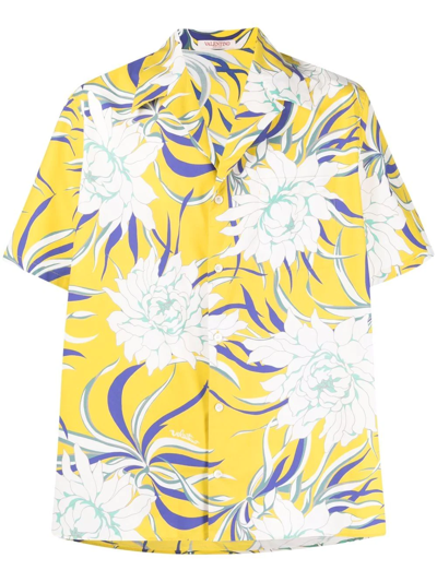 Valentino Cotton Popeline Bowling Shirt, Semiover Fit, Pocket On Chest, Street Flowers Couture Peonies Print In Yellow