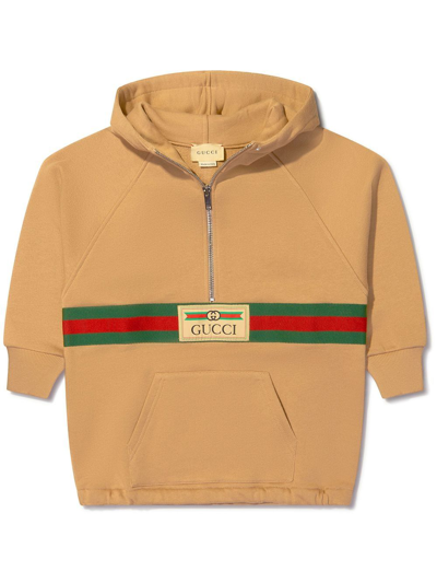 Gucci Kids' 条纹织带棉连帽衫 In Neutrals