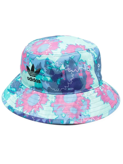 Adidas Originals Floral-print Trefoil Bucket Hat In Blue