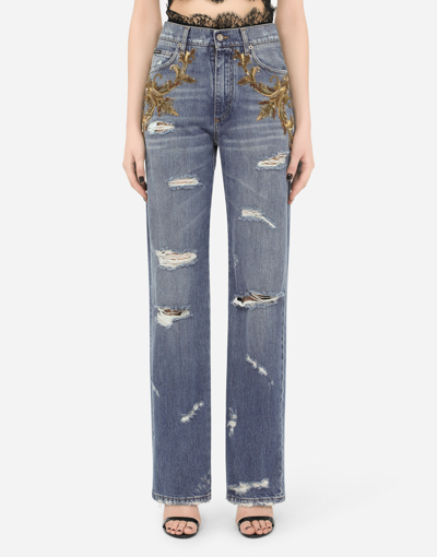 Dolce & Gabbana Flared Jeans With French Wire Embellishment In Multicolor