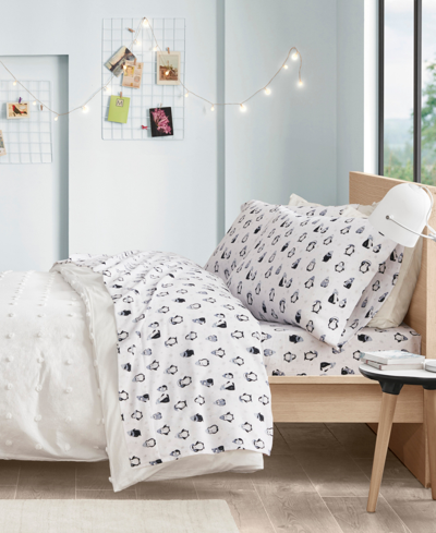 Intelligent Design Novelty Print Cotton Flannel Twin Sheet Set Bedding In Blue Penguins